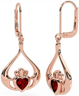 Garnet Rose Gold Silver Claddagh Dangle Earrings