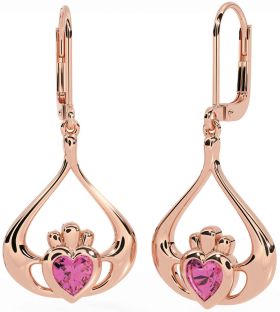 Pink Tourmaline Rose Gold Silver Claddagh Dangle Earrings