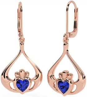 Sapphire Rose Gold Silver Claddagh Dangle Earrings
