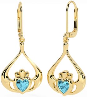 Aquamarine Gold Silver Claddagh Dangle Earrings