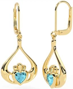 Aquamarine Gold Silver Claddagh Dangle Earrings