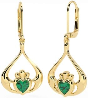 Emerald Gold Silver Claddagh Dangle Earrings