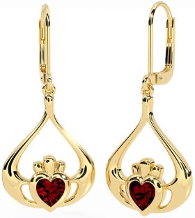 Garnet Gold Silver Claddagh Dangle Earrings