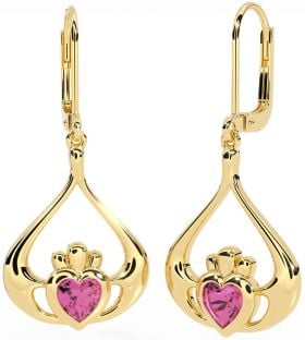 Pink Tourmaline Gold Silver Claddagh Dangle Earrings