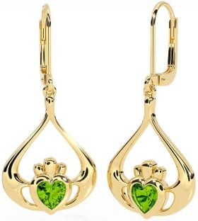 Peridot Gold Silver Claddagh Dangle Earrings