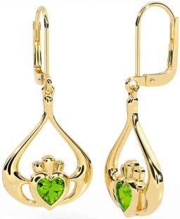 Peridot Gold Silver Claddagh Dangle Earrings