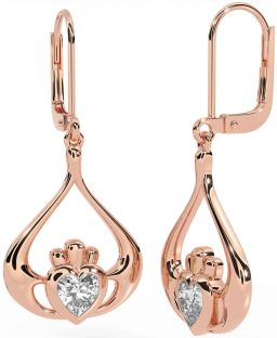 Diamond Rose Gold Claddagh Dangle Earrings
