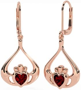 Garnet Rose Gold Claddagh Dangle Earrings