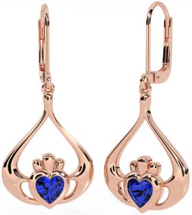 Sapphire Rose Gold Claddagh Dangle Earrings