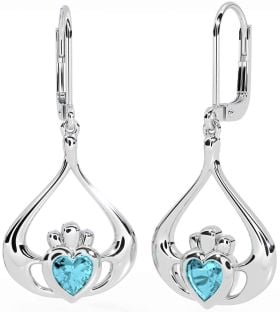 Aquamarine Silver Claddagh Dangle Earrings