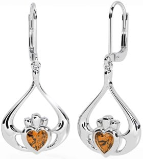 Citrine Silver Claddagh Dangle Earrings