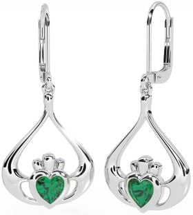 Emerald Silver Claddagh Dangle Earrings