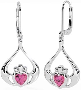 Pink Tourmaline White Gold Claddagh Dangle Earrings