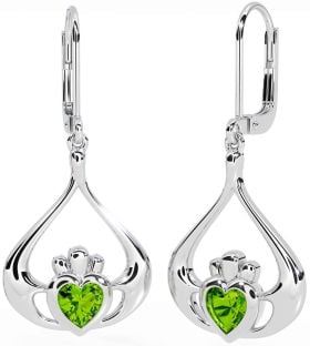 Peridot White Gold Claddagh Dangle Earrings