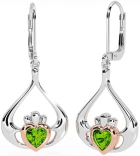 Peridoto Bianco Rosa Oro Claddagh Penzolare Orecchini