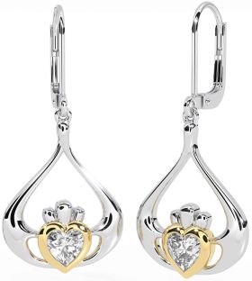 Diamond White Yellow Gold Claddagh Dangle Earrings