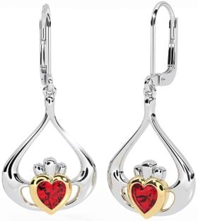 Ruby White Yellow Gold Claddagh Dangle Earrings