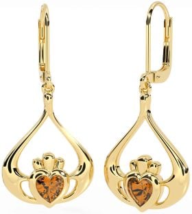 Citrine Gold Claddagh Dangle Earrings