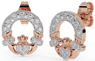 Diamond Rose Gold Silver Claddagh Stud Earrings