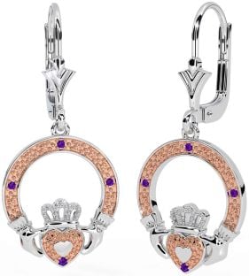 Amethyst Rose Gold Silver Claddagh Dangle Earrings