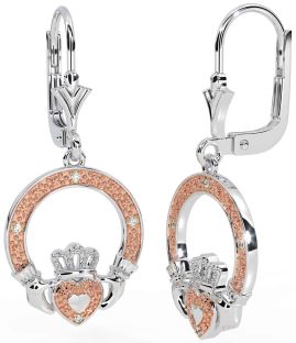 Diamond Rose Gold Silver Claddagh Dangle Earrings