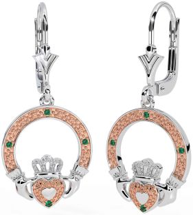 Emerald Rose Gold Silver Claddagh Dangle Earrings