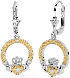 Diamond Gold Silver Claddagh Dangle Earrings