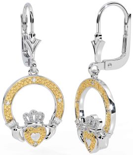 Diamond Gold Silver Claddagh Dangle Earrings