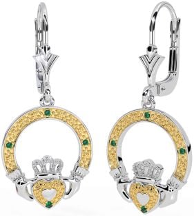 Emerald Gold Silver Claddagh Dangle Earrings