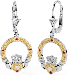 Ruby Gold Silver Claddagh Dangle Earrings