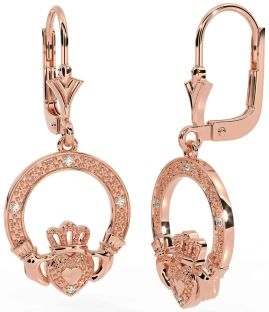 Diamond Rose Gold Silver Claddagh Dangle Earrings