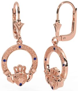 Sapphire Rose Gold Silver Claddagh Dangle Earrings