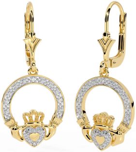 Diamond Gold Silver Claddagh Dangle Earrings