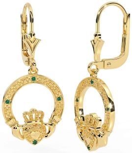Emerald Gold Silver Claddagh Dangle Earrings