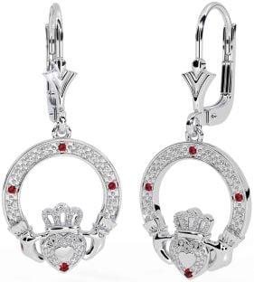 Ruby Silver Claddagh Dangle Earrings
