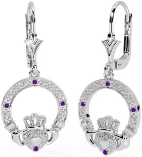 Amethyst White Gold Claddagh Dangle Earrings