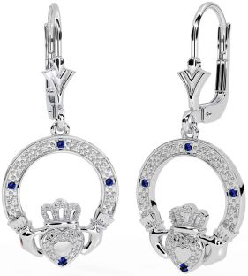 Sapphire White Gold Claddagh Dangle Earrings