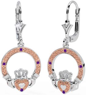 Améthyste Blanc Rose Or Claddagh Pendre Des boucles d'oreilles