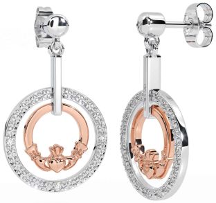 Diamond Rose Gold Silver Claddagh Dangle Earrings