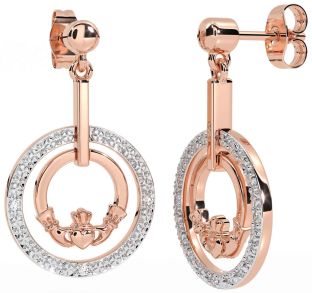 Diamond Rose Gold Silver Claddagh Dangle Earrings