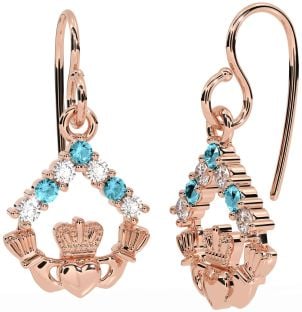 Diamond Aquamarine Rose Gold Silver Claddagh Dangle Earrings