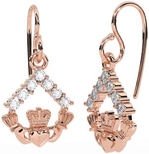 Diamond Rose Gold Silver Claddagh Dangle Earrings