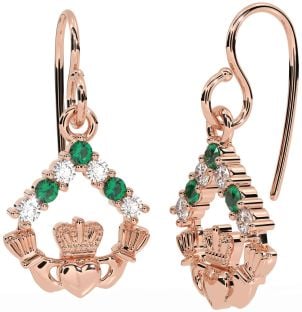 Diamond Emerald Rose Gold Silver Claddagh Dangle Earrings