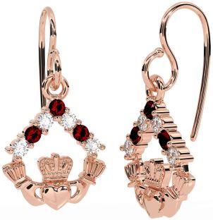 Diamond Garnet Rose Gold Silver Claddagh Dangle Earrings