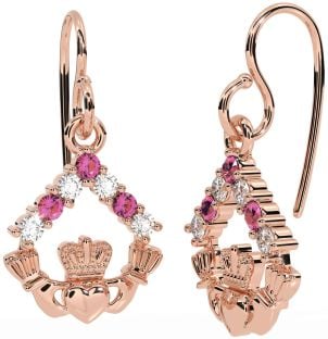 Diamond Pink Tourmaline Rose Gold Silver Claddagh Dangle Earrings