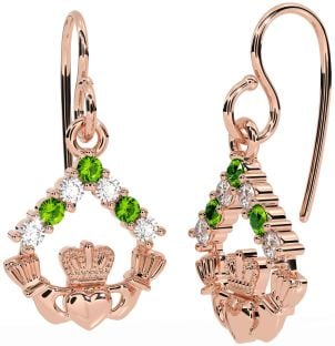Diamond Peridot Rose Gold Silver Claddagh Dangle Earrings
