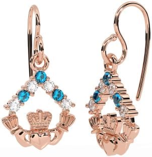 Diamond Topaz Rose Gold Silver Claddagh Dangle Earrings