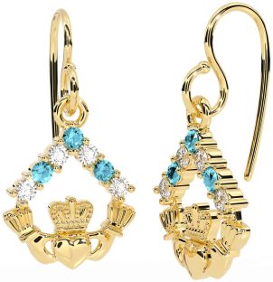 Diamond Aquamarine Gold Silver Claddagh Dangle Earrings