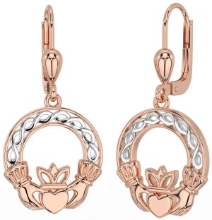 Rose Gold Silver Celtic Claddagh Dangle Earrings