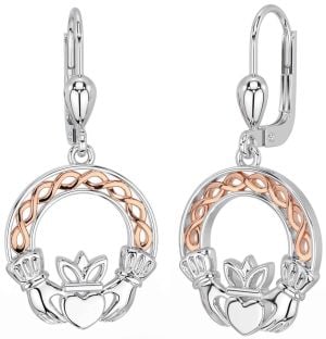 Rose Gold Silver Celtic Claddagh Dangle Earrings